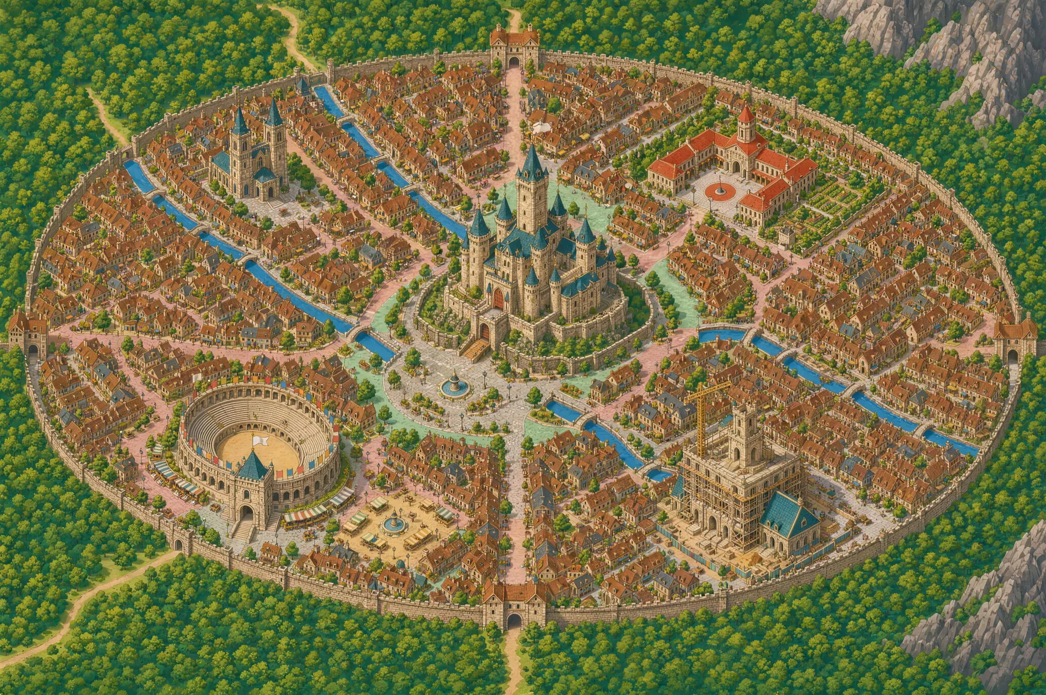 R&S City の全体図。城壁に囲まれた街の中央の岩の上にR&S CREATIVESの城が建ち、北西にENG8Eの双塔の教会、北東にIROHAの回廊のある施設、南西にTHE CREWの円形闘技場、南東に建設中のSP8Aの公会堂が並ぶ。街路と運河、四つの城門、外周の森と岩山。